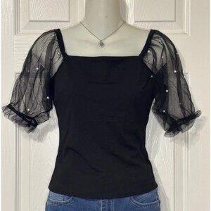 Black Sheer Puff Sleeve Blouse Pearl Detail Square Neck Small